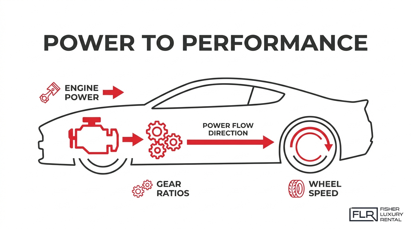 Power to performance diagram showing how engine power flows through gear ratios to wheel speed in a performance vehicle.