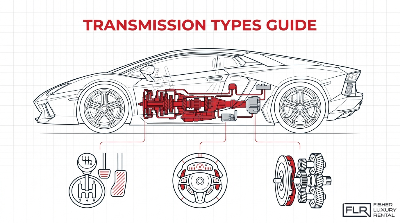 Transmission types guide showing a performance car drivetrain with manual shifter, paddle shifter, and gear system components.