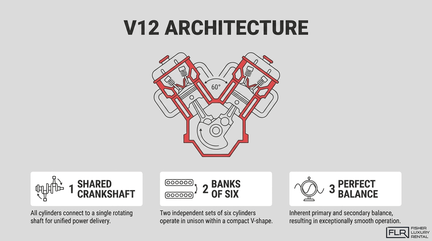 V12 architecture diagram showing a 60-degree V12 engine layout with shared crankshaft, two banks of six cylinders, and perfect balance.