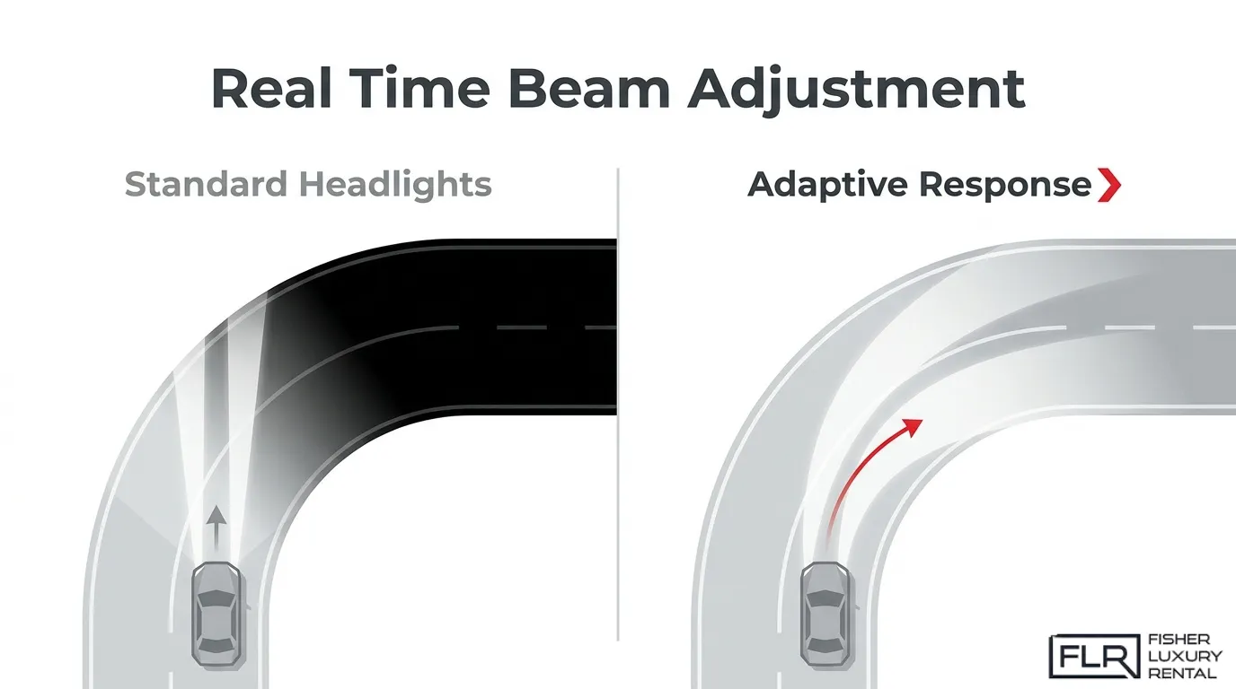Real-time beam adjustment comparison showing standard headlights versus adaptive headlights following a curved road.