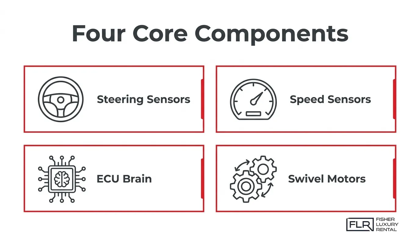 Adaptive headlight system components infographic showing steering sensors, speed sensors, ECU brain, and swivel motors.
