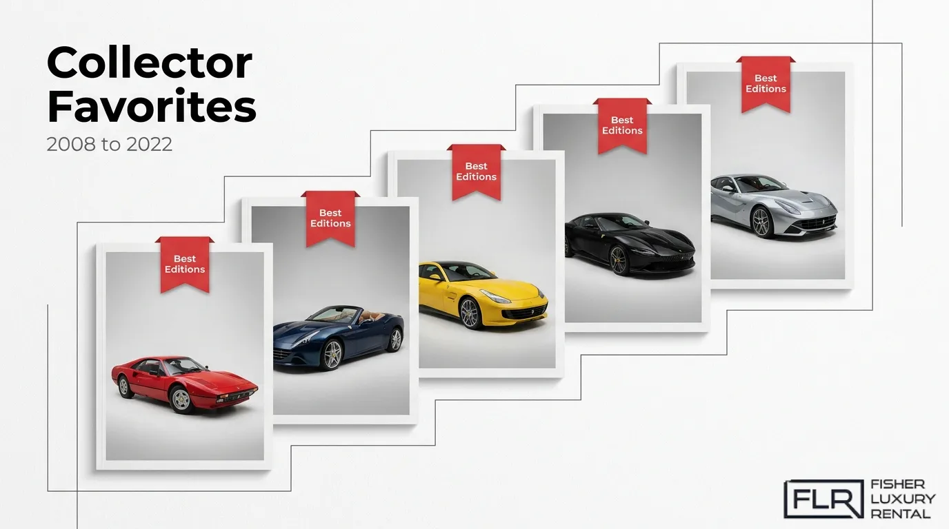 Ferrari Magazine collector favorites infographic featuring iconic Ferrari models from 2008 to 2022, showcasing some of the most sought-after magazine editions for enthusiasts and collectors.