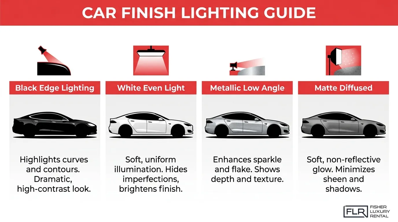 Car finish lighting guide comparing black edge lighting, white even light, metallic low angle lighting, and matte diffused lighting techniques.