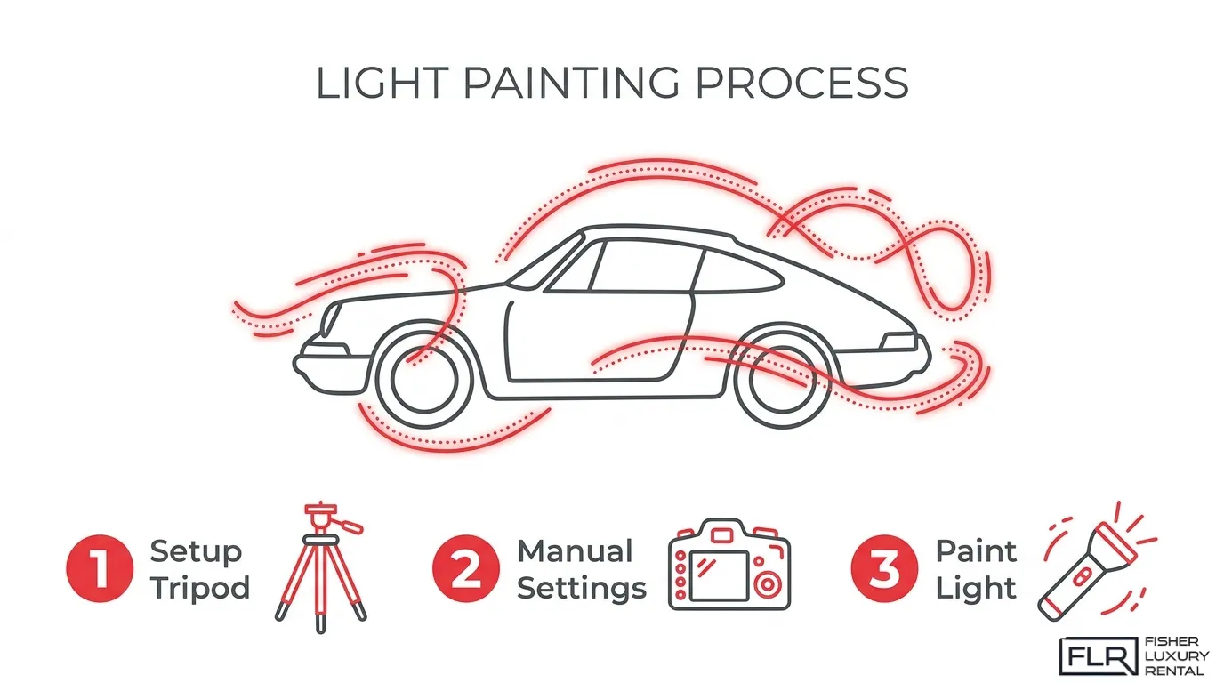 Car light painting process infographic showing tripod setup, manual camera settings, and flashlight movement around a vehicle.
