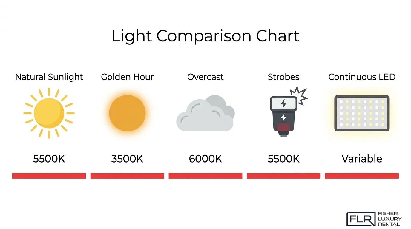 Car photography light comparison chart showing natural sunlight, golden hour, overcast light, strobes, and continuous LED color temperatures.