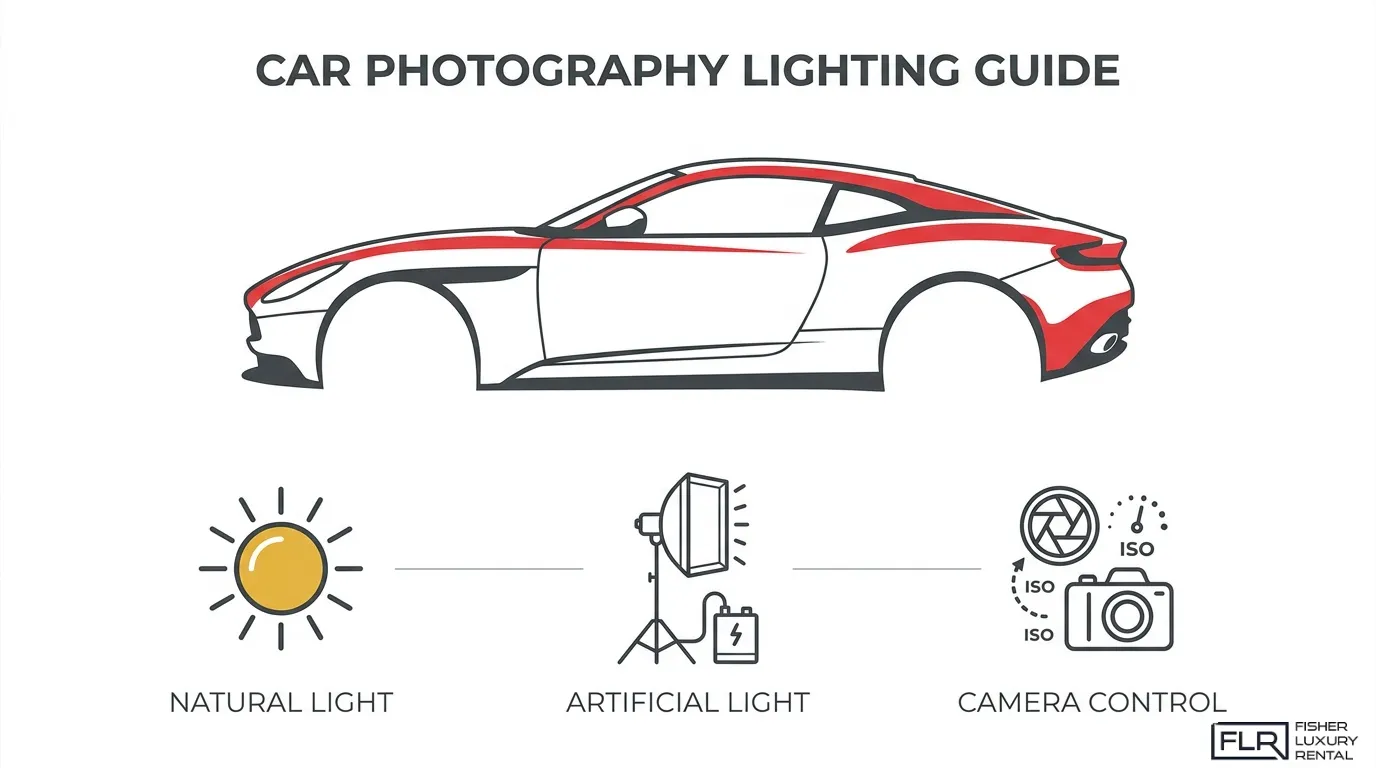 Car photography lighting guide infographic showing natural light, artificial light, and camera control for professional vehicle photos.