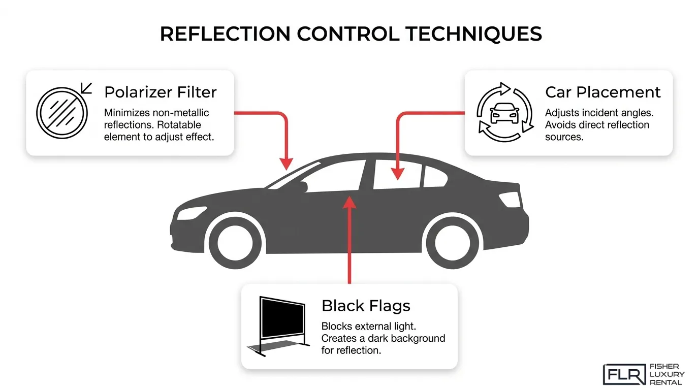 Car reflection control techniques infographic showing polarizer filter, car placement, and black flags for reducing glare in vehicle photography.