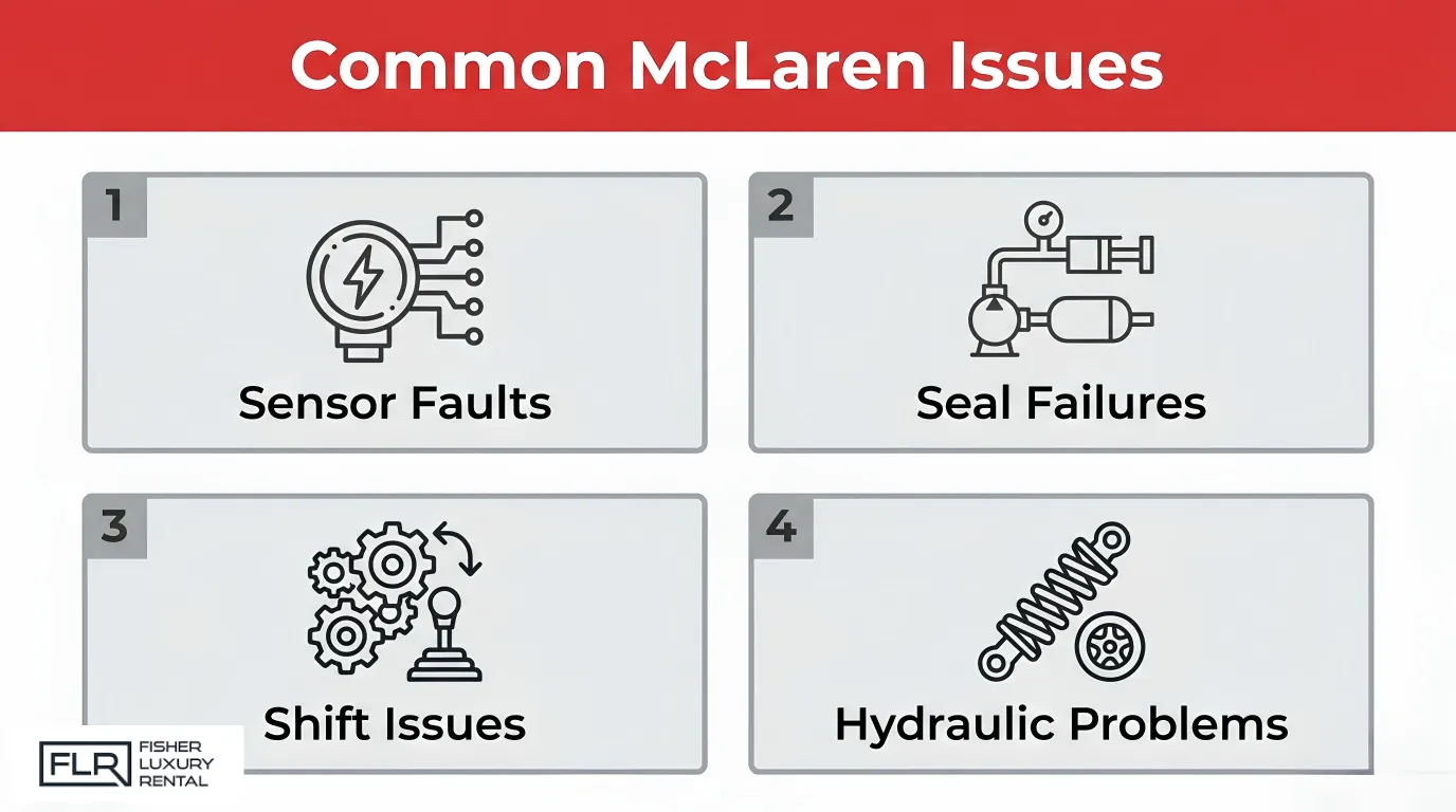 Common McLaren issues infographic highlighting sensor faults, seal failures, shift issues, and hydraulic problems.