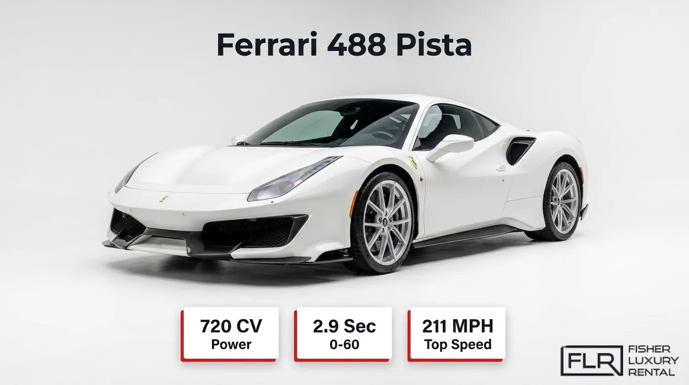 Front three-quarter view of a white Ferrari 488 Pista showcasing its aerodynamic design with key performance specs including 720 CV, 0–60 mph in 2.9 seconds, and a 211 mph top speed.