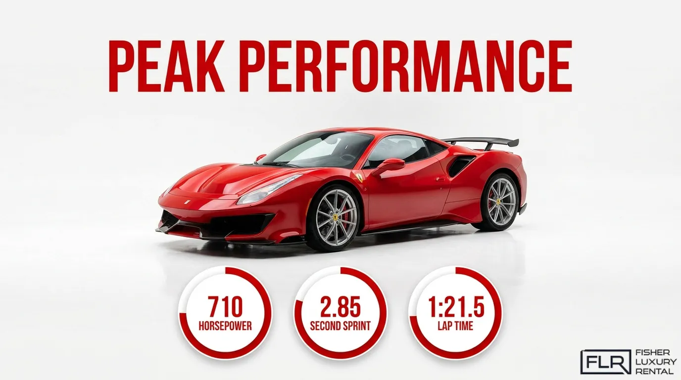 Ferrari 488 Pista peak performance infographic showing 710 horsepower, 2.85-second sprint, and 1:21.5 lap time.
