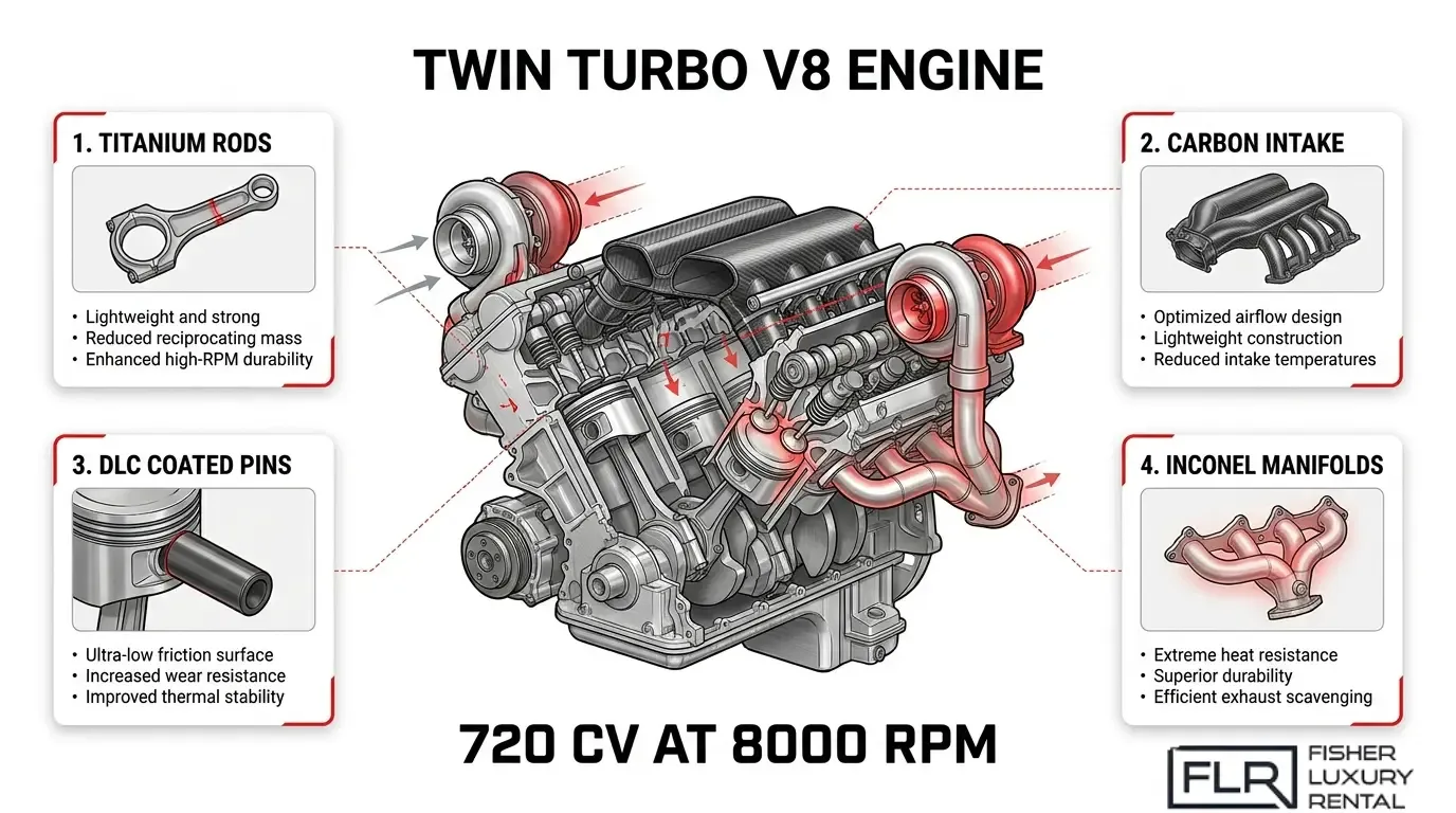 Ferrari 488 Pista twin-turbo V8 engine diagram highlighting titanium connecting rods, carbon intake, DLC-coated piston pins, and Inconel exhaust manifolds.