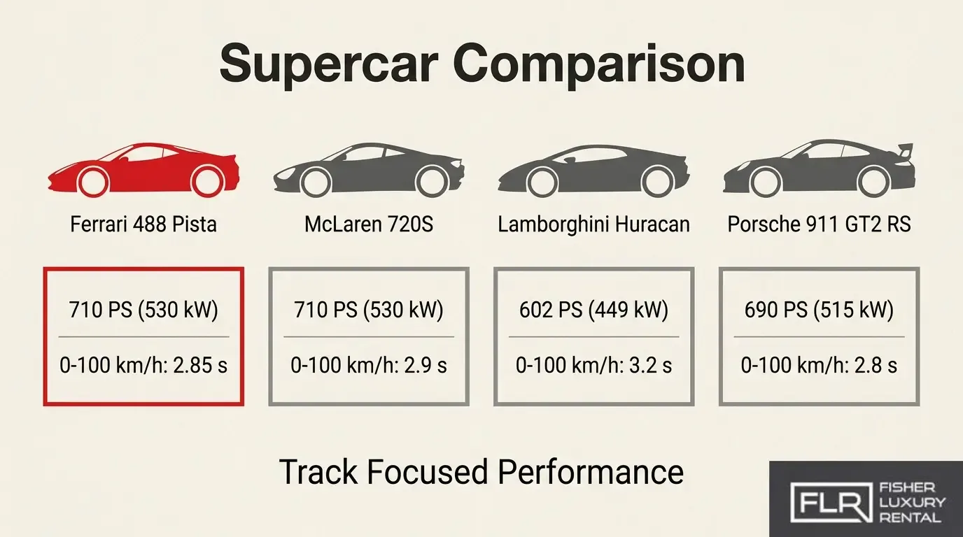 Performance comparison of the Ferrari 488 Pista, McLaren 720S, Lamborghini Huracán, and Porsche 911 GT2 RS, highlighting horsepower and 0–100 km/h acceleration times.