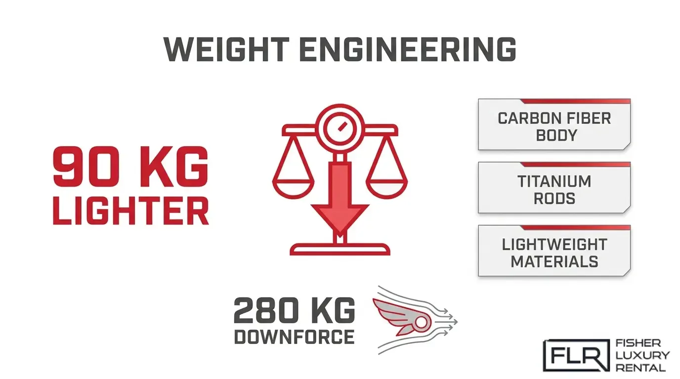 Ferrari 488 Pista weight engineering infographic showing a 90 kg weight reduction, 280 kg of downforce, and lightweight materials including carbon fiber and titanium components.