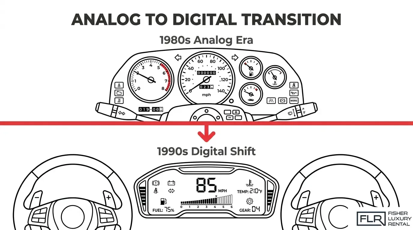 Illustration comparing Ferrari's analog dashboard from the 1980s with the digital instrument cluster introduced in the 1990s.
