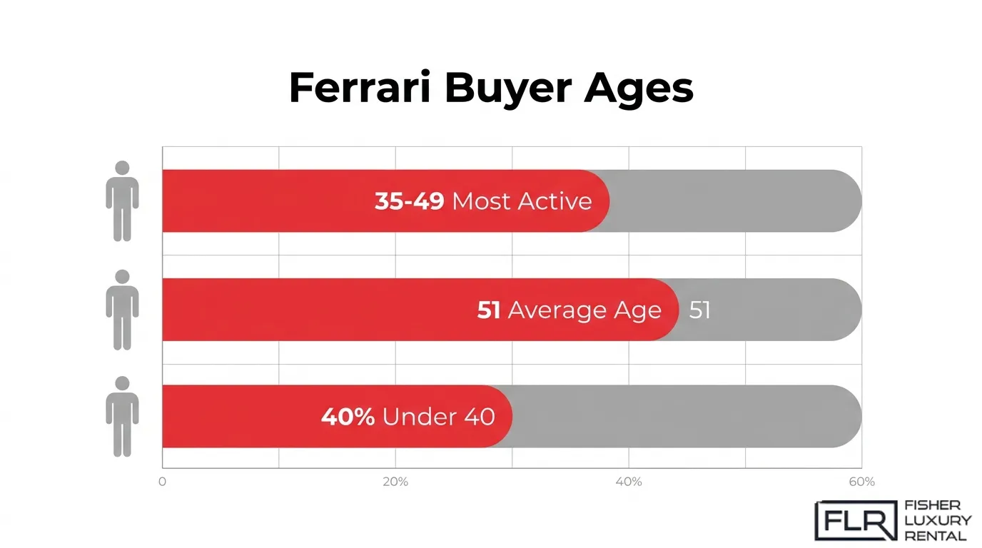 Ferrari buyer age demographics chart showing 35–49 as most active buyers, average age 51, and 40% under 40.