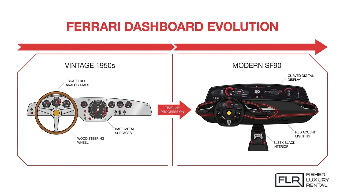 Timeline illustrating Ferrari dashboard evolution from the 1950s analog gauges and wood steering wheel to the modern SF90 digital cockpit.