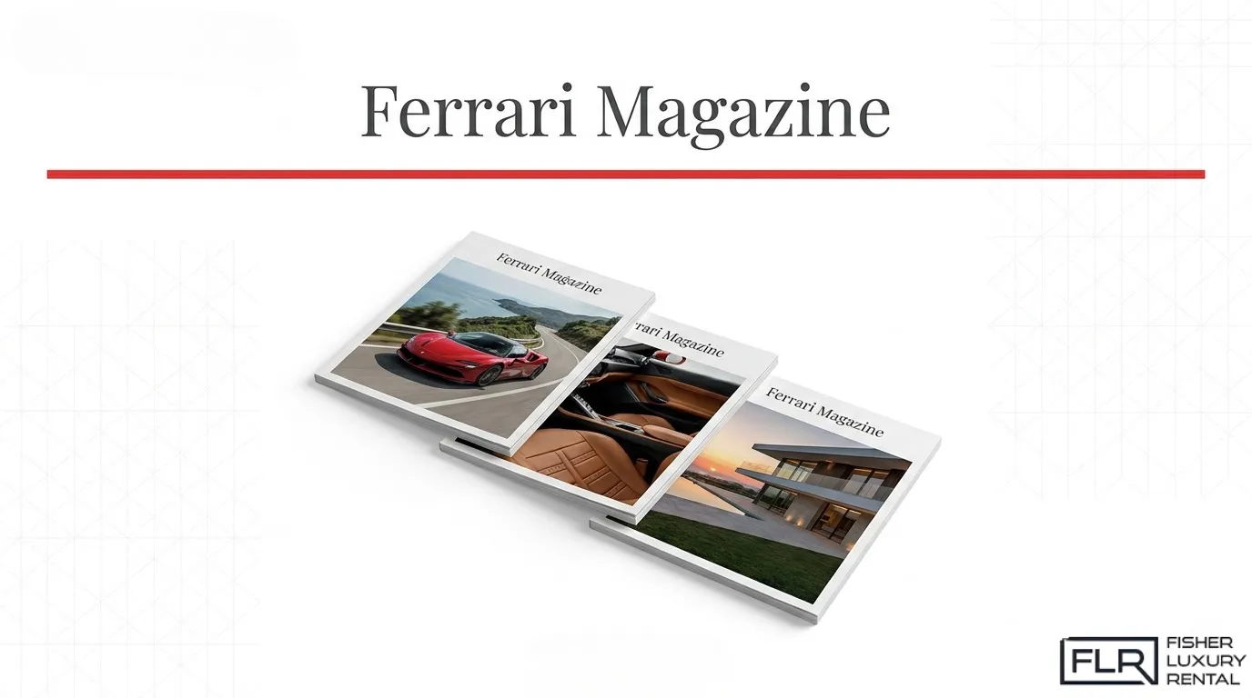 Ferrari Magazine covers displayed with luxury car, premium interior, and lifestyle imagery, showcasing Ferrari's official publication featuring automotive news, design, and luxury living.