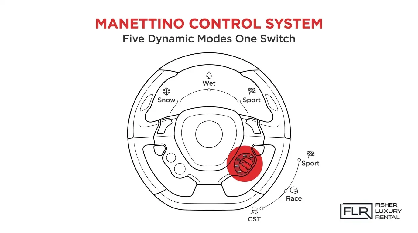 Ferrari Manettino steering wheel control showing five driving modes: Snow, Wet, Sport, Race, and CST for different road conditions.