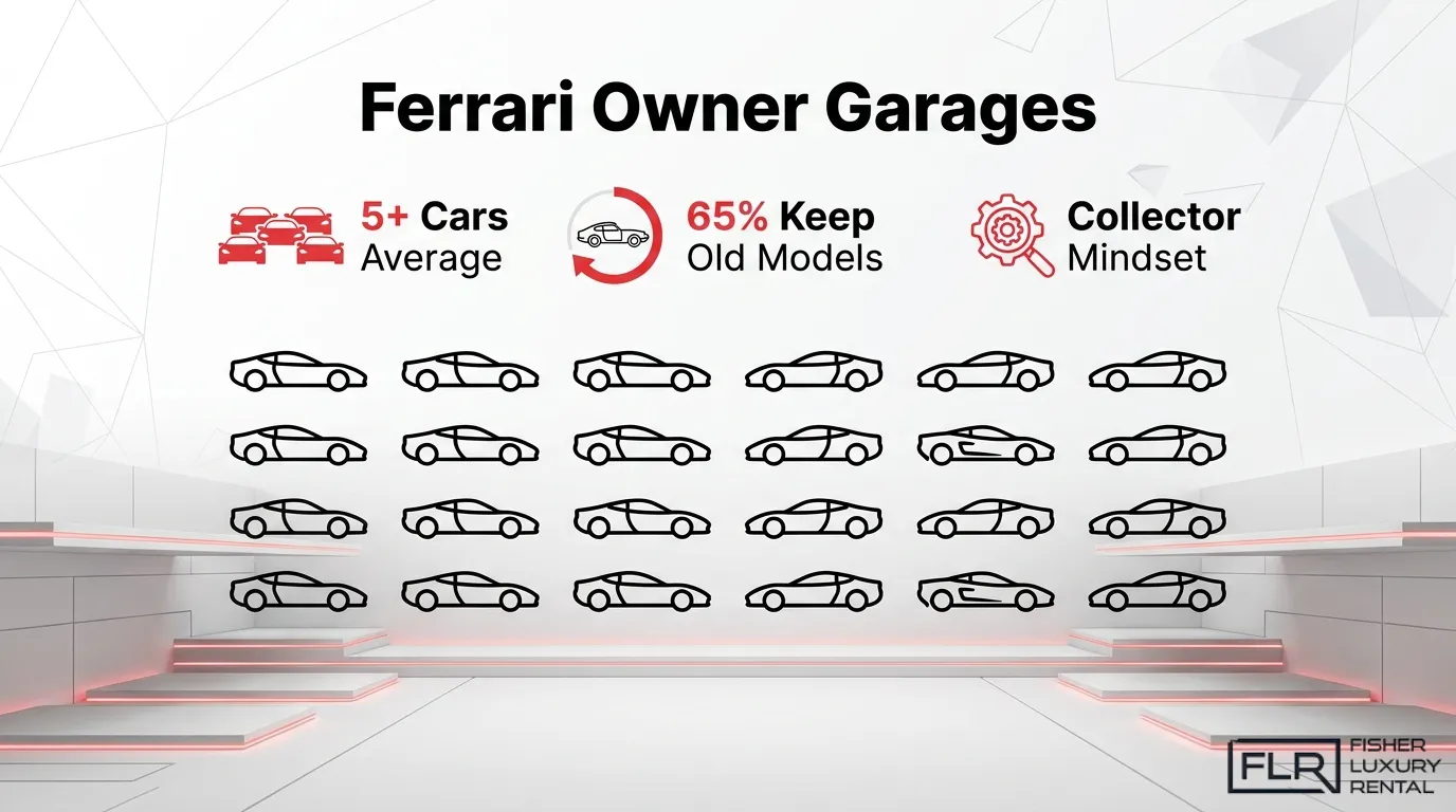 Ferrari owner garage infographic showing multi-car collection habits, 5+ cars average, 65% keeping old models, and collector mindset.