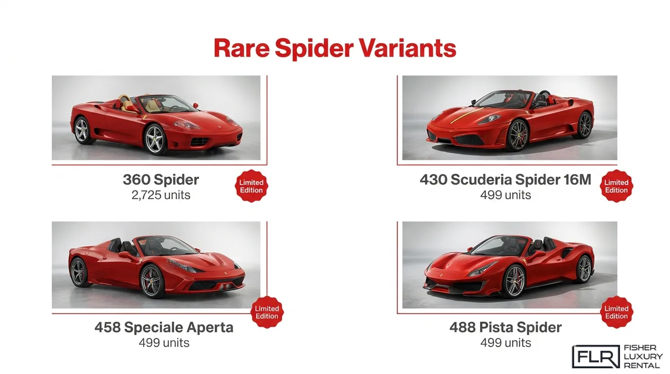 Rare Ferrari Spider variants infographic featuring 360 Spider, 430 Scuderia Spider 16M, 458 Speciale Aperta, and 488 Pista Spider.