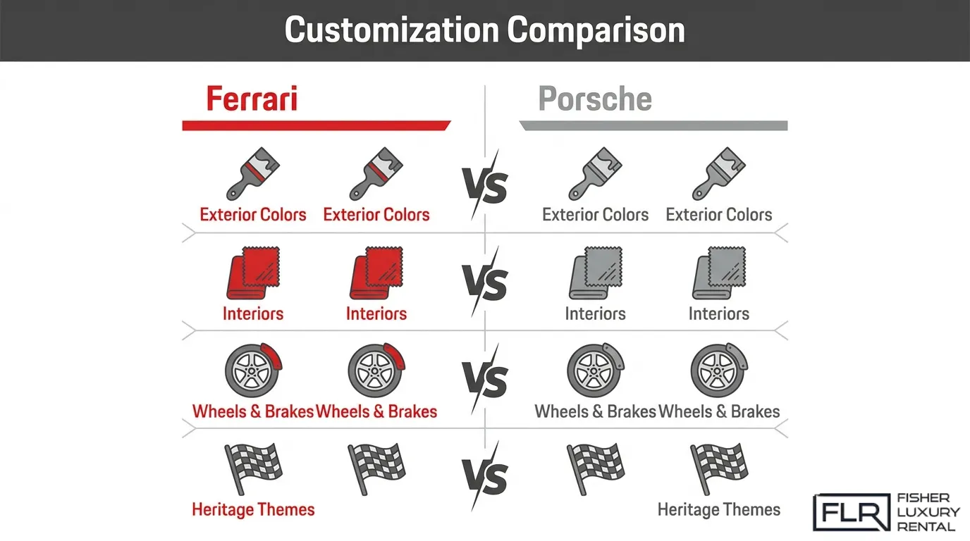 Side-by-side comparison of Ferrari and Porsche customization options, including exterior paint colors, interior materials, wheels and brakes, and heritage-inspired personalization programs.