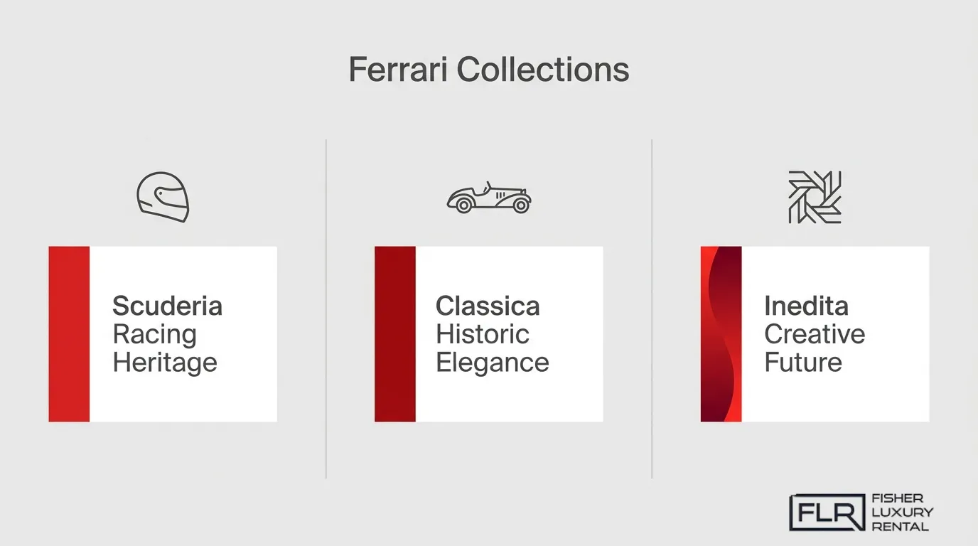 Ferrari Tailor Made collections infographic showcasing the three personalization themes: Scuderia for racing heritage, Classica for timeless elegance, and Inedita for bold, creative customization.