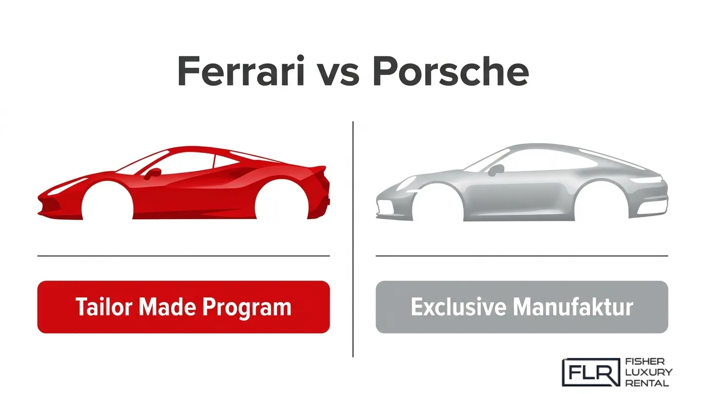 Comparison infographic of Ferrari Tailor Made and Porsche Exclusive Manufaktur personalization programs, highlighting Ferrari's bespoke customization service versus Porsche's factory customization options.