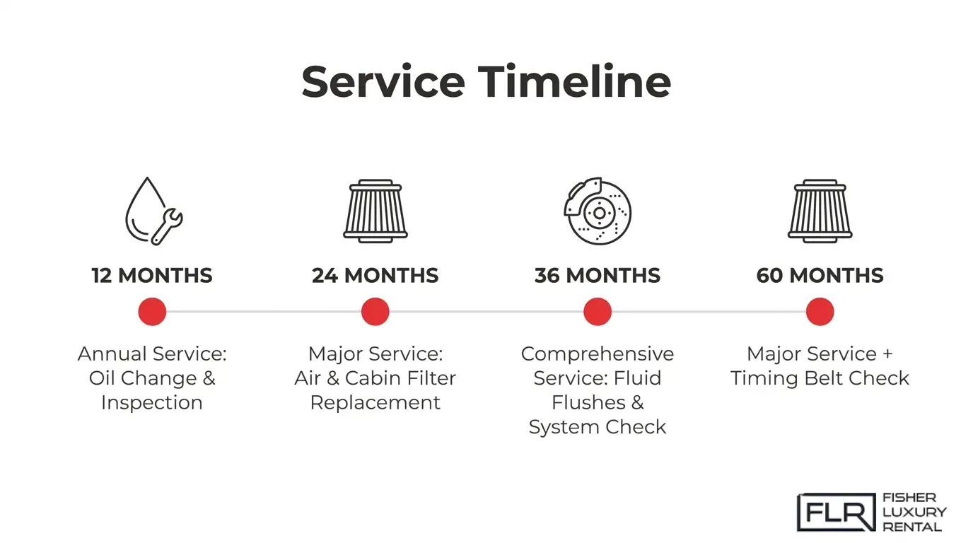 Ferrari V12 maintenance timeline highlighting recommended service intervals at 12, 24, 36, and 60 months, including oil changes, air filter replacement, fluid flushes, system inspections, and timing belt checks.