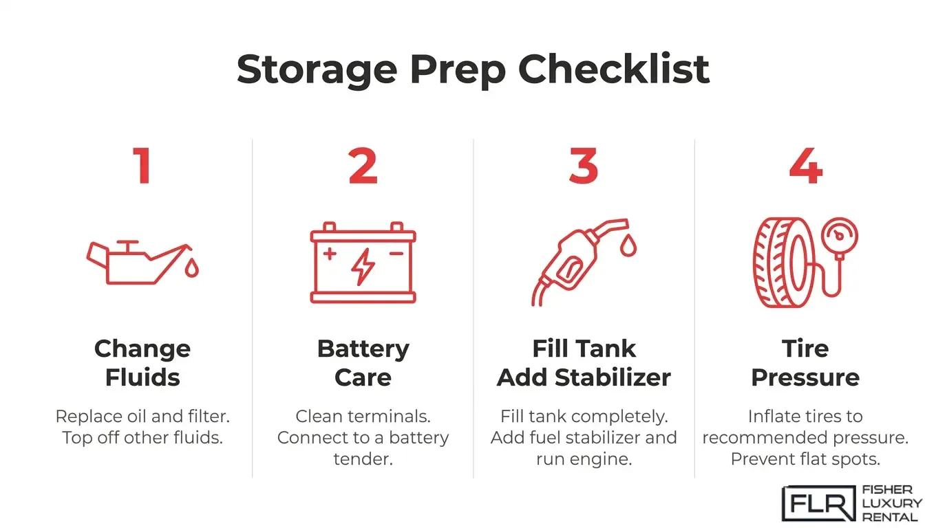Ferrari V12 storage preparation checklist showing four essential steps: change engine fluids, maintain the battery, fill the fuel tank with stabilizer, and inflate tires to the recommended pressure before long-term storage.