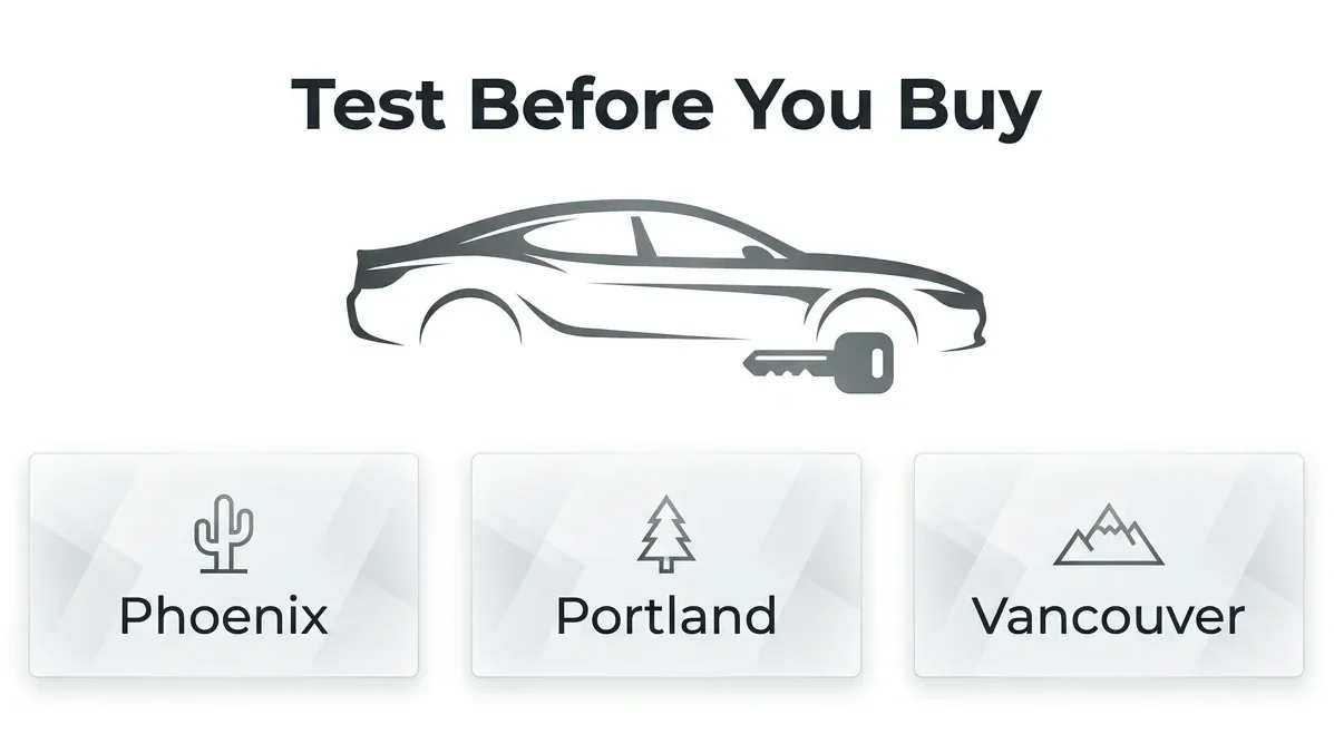 Fisher Luxury Rental Porsche 911 GT3 test drive graphic showing Phoenix, Portland, and Vancouver availability before buying.
