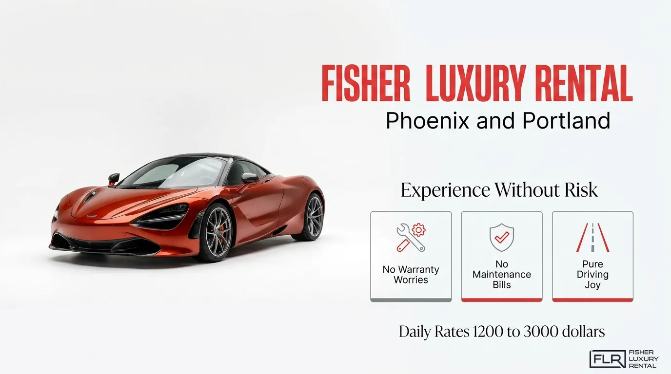 Fisher Luxury Rental McLaren experience image promoting Phoenix and Portland rentals with no warranty worries, no maintenance bills, and pure driving joy.