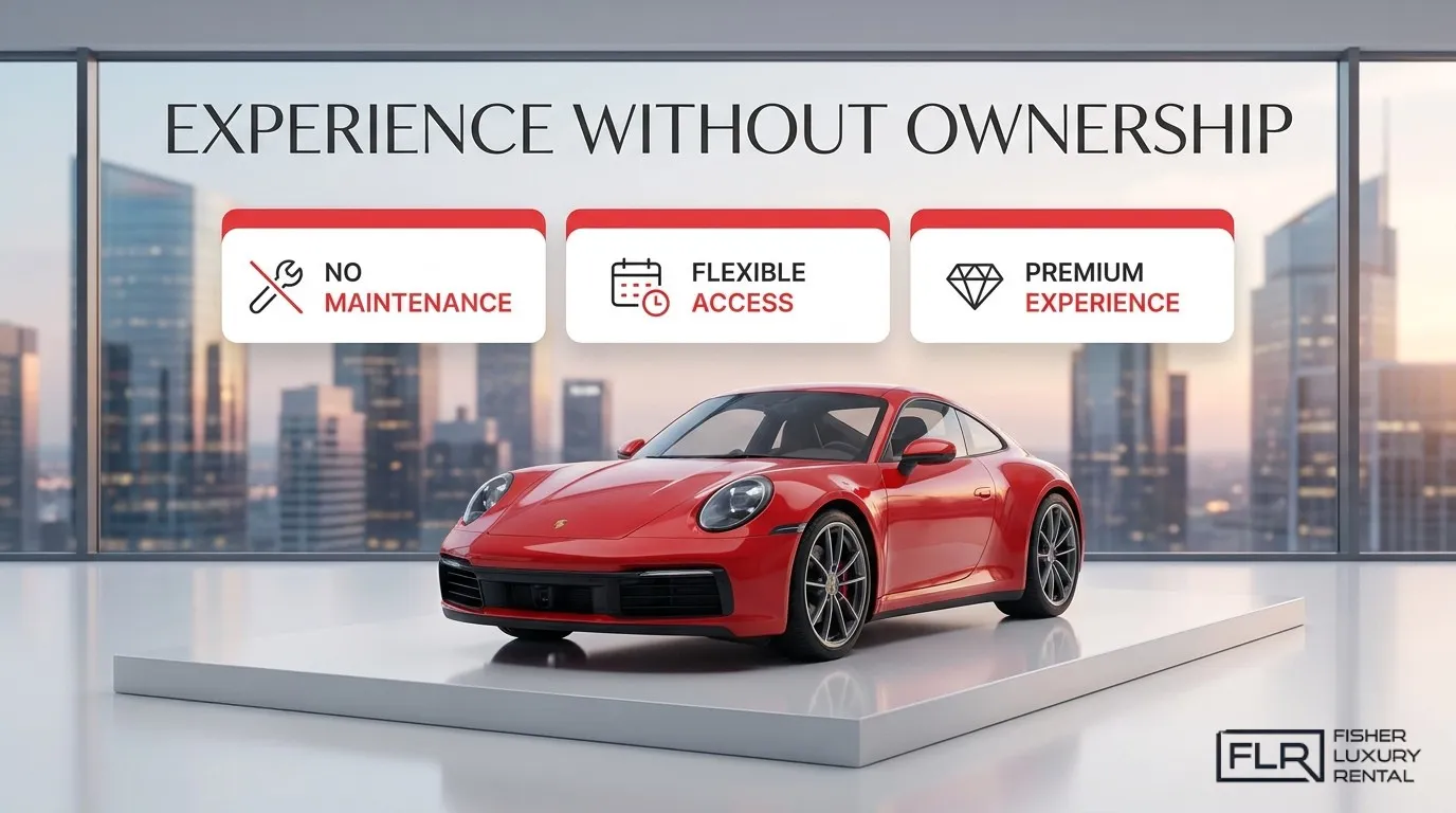 Red Porsche 911 luxury rental displayed in modern showroom with no maintenance, flexible access, and premium driving experience benefits.