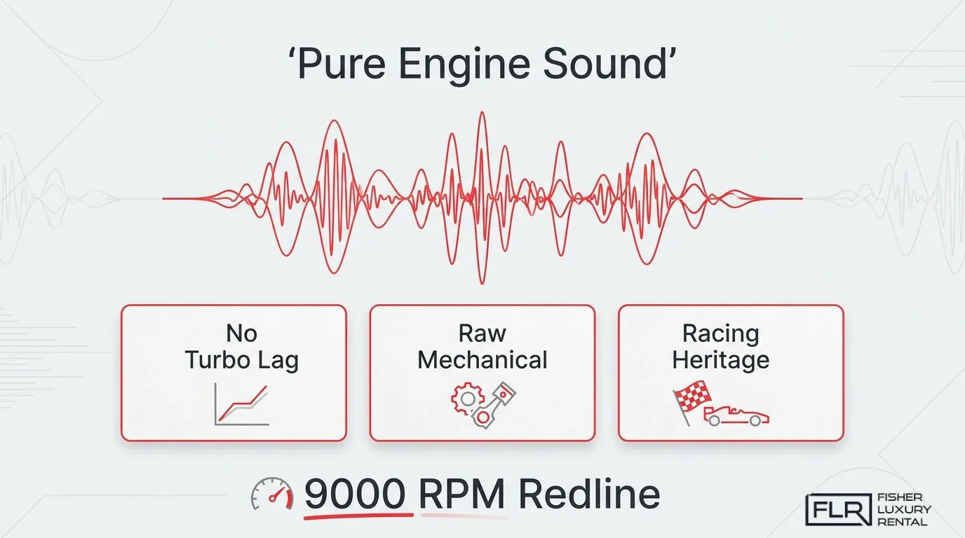 Porsche 911 GT3 pure engine sound infographic highlighting no turbo lag, raw mechanical feel, racing heritage, and 9000 RPM redline.