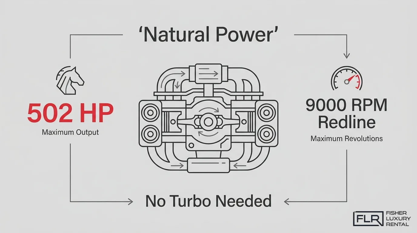 Porsche 911 GT3 naturally aspirated engine infographic showing 502 HP, 9000 RPM redline, and no turbo needed.