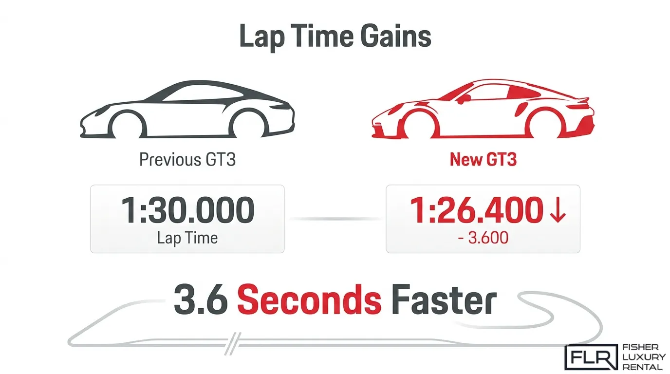 Porsche 911 GT3 lap-time comparison showing the new model is 3.6 seconds faster than the previous GT3