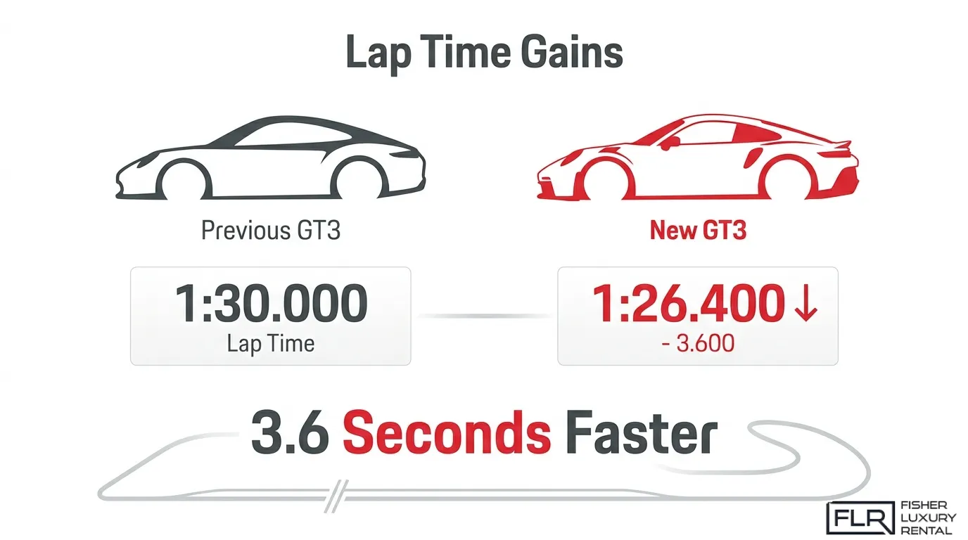 Porsche 911 GT3 lap time gains infographic comparing previous GT3 lap time with new GT3 performance, showing 3.6 seconds faster.