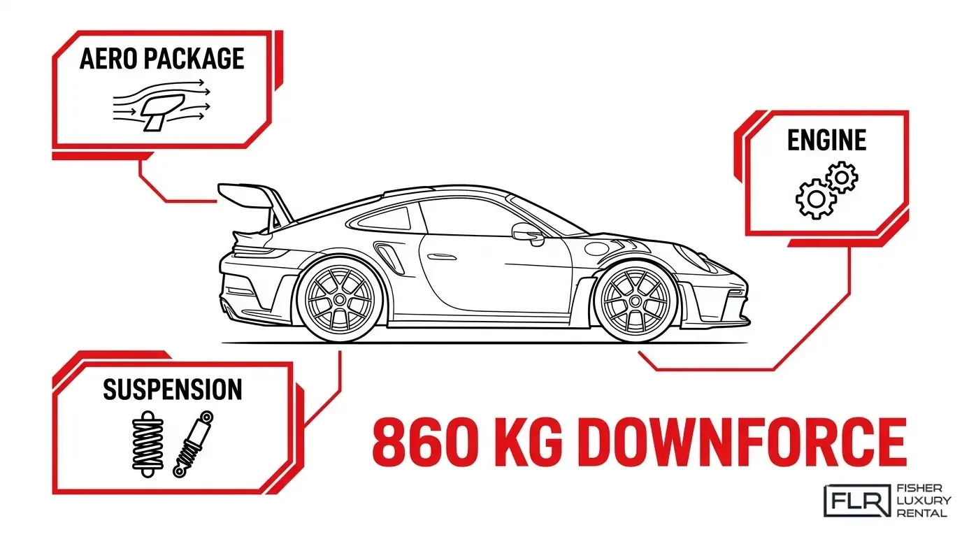 Porsche GT3 RS performance technology breakdown showing aero package, suspension, engine, and downforce