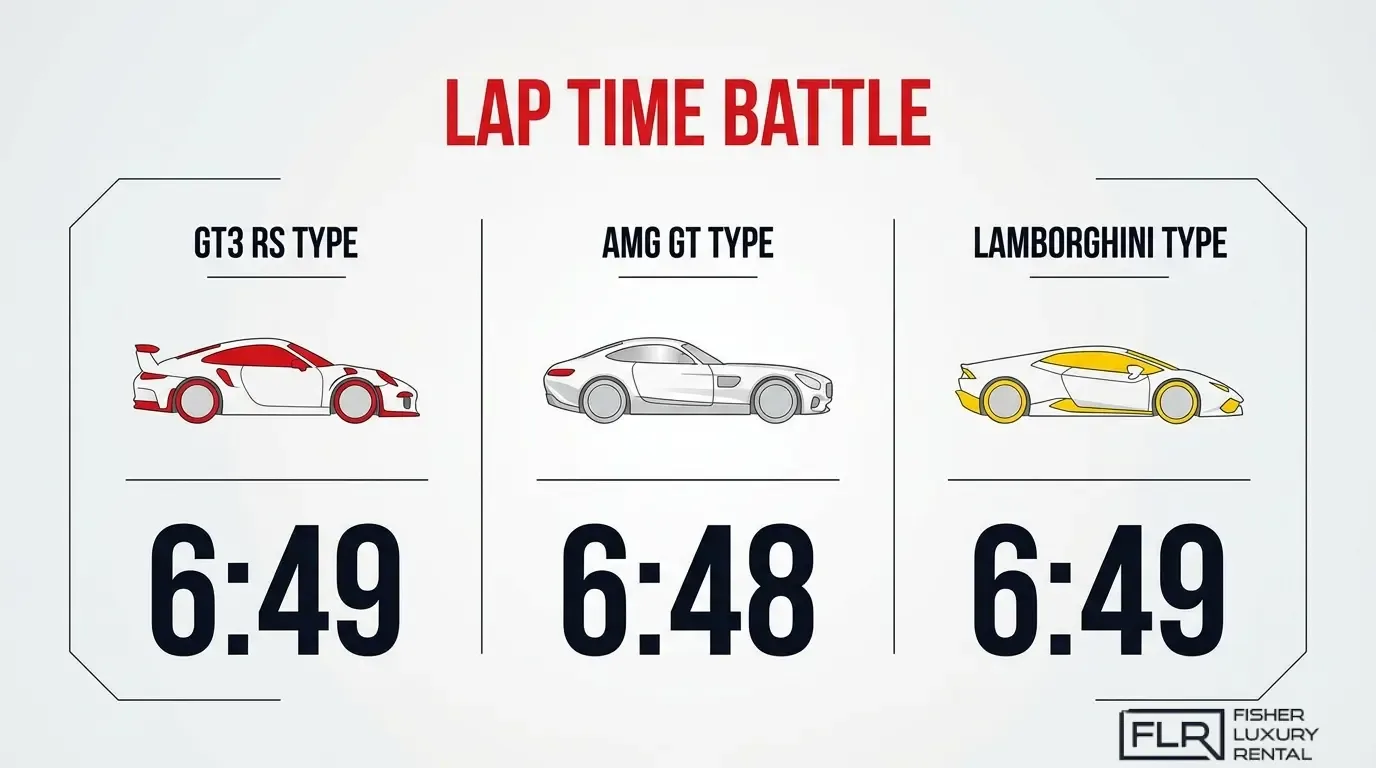 Lap time comparison infographic for GT3 RS, AMG GT, and Lamborghini performance cars