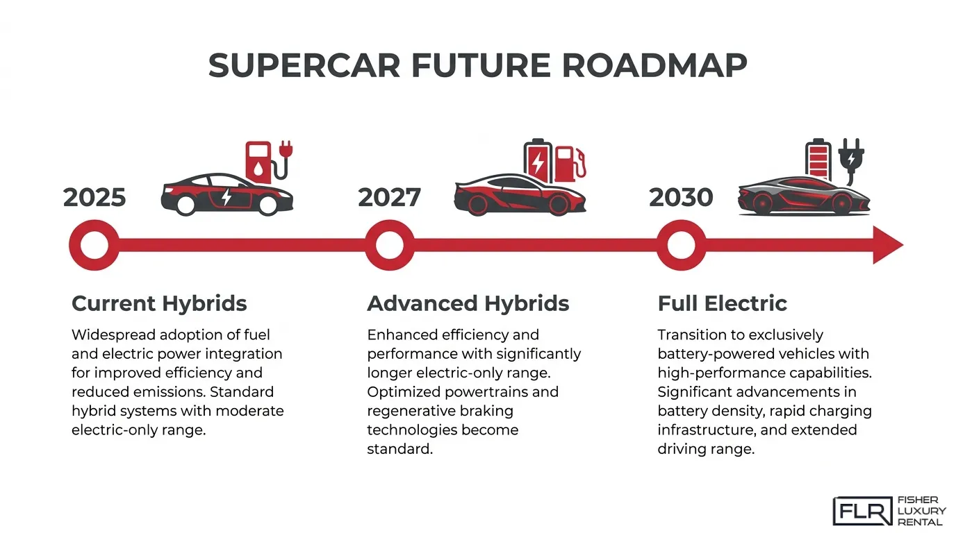 Supercar future roadmap timeline showing current hybrids in 2025, advanced hybrids in 2027, and full electric models by 2030.