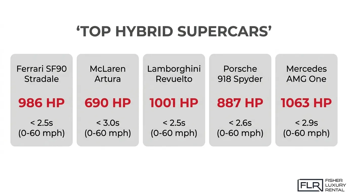 Top hybrid supercars comparison chart featuring Ferrari SF90 Stradale, McLaren Artura, Lamborghini Revuelto, Porsche 918 Spyder, and Mercedes AMG One.
