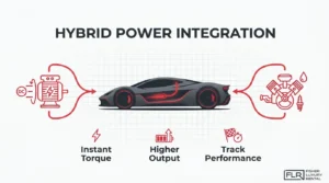 Hybrid power integration infographic showing electric motor and combustion engine support for instant torque and track performance.