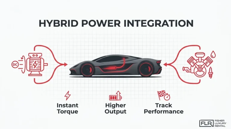 Hybrid power integration infographic showing electric motor and combustion engine support for instant torque and track performance.