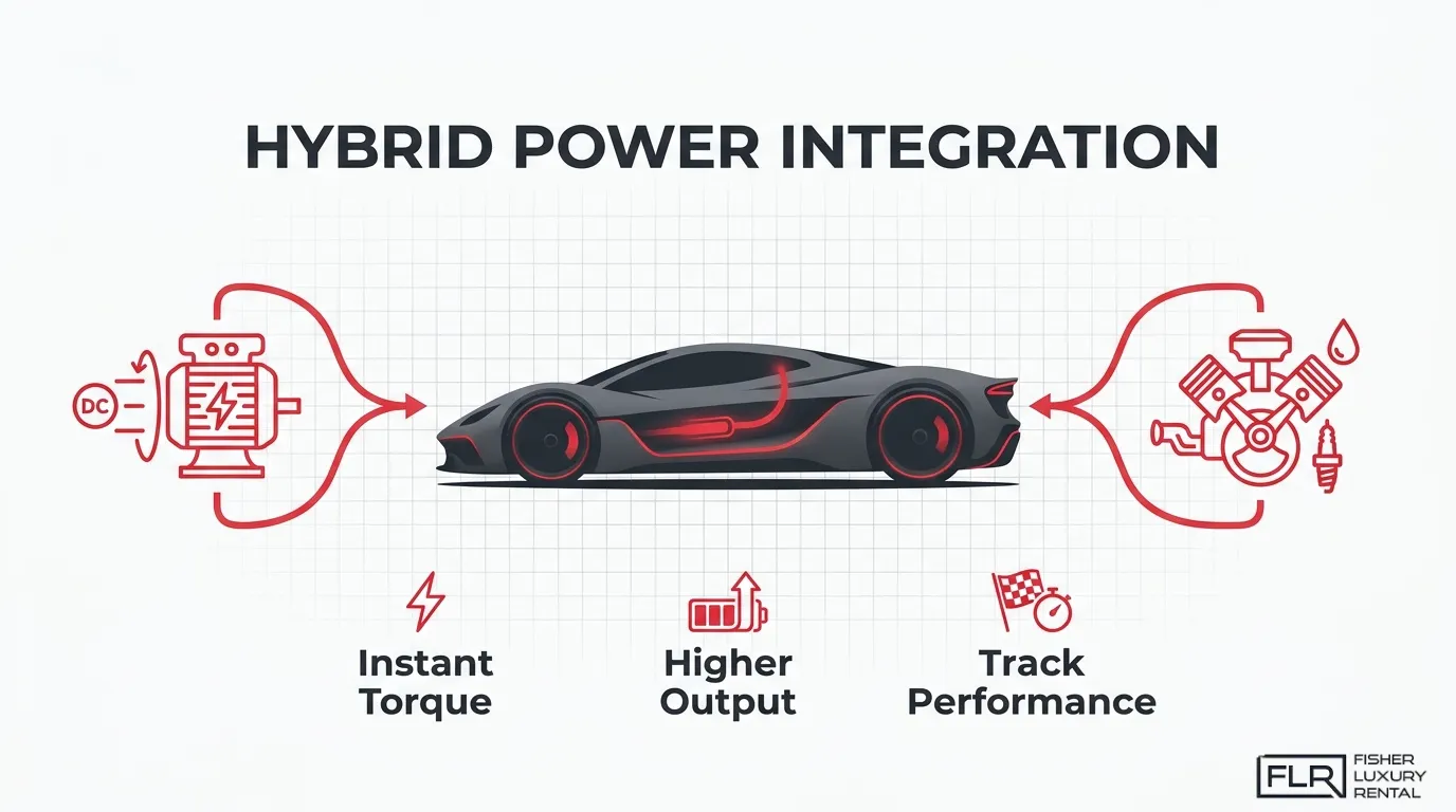 Hybrid power integration infographic showing electric motor and combustion engine support for instant torque and track performance.