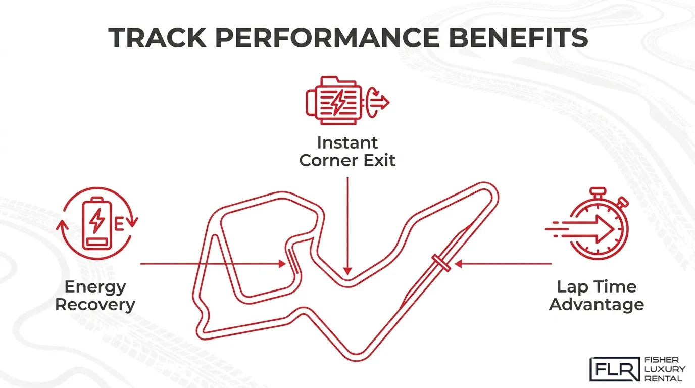 Hybrid supercar track performance benefits infographic showing energy recovery, instant corner exit, and lap time advantage.