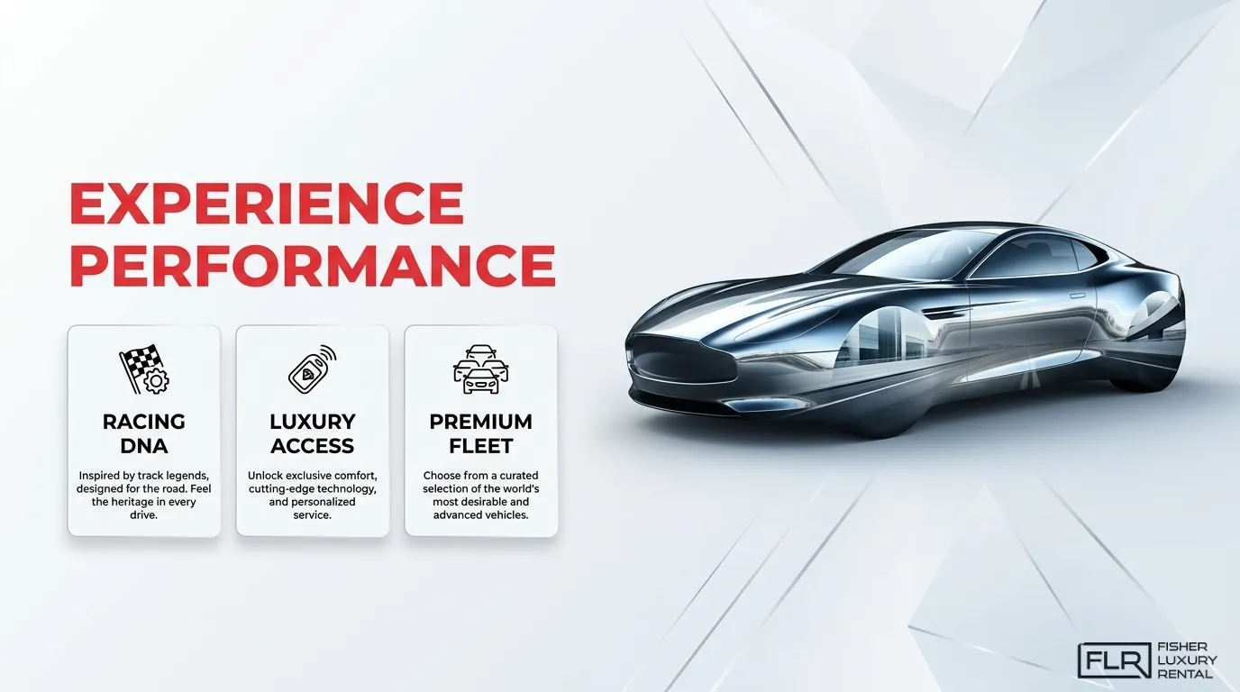 Luxury car rental racing heritage image showing performance-inspired vehicle design with racing DNA, luxury access, and premium fleet benefits.