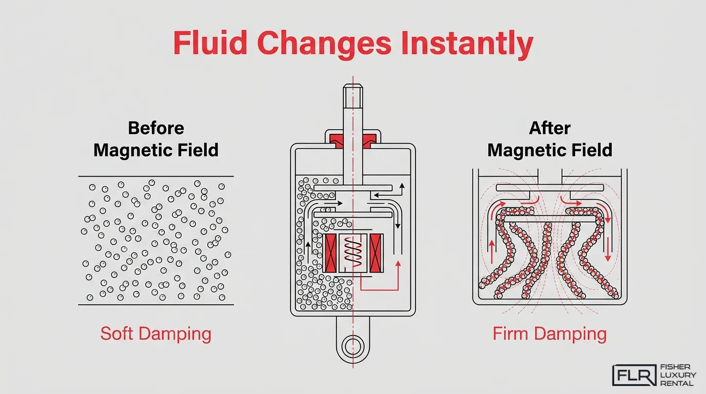 MagneRide fluid technology diagram explaining how magnetic field changes suspension fluid from soft damping to firm damping instantly.