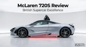 McLaren 720S review hero image showing a silver British supercar with dihedral door open in a luxury studio setting.