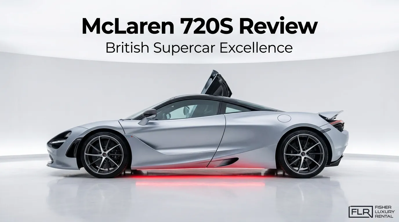McLaren 720S review hero image showing a silver British supercar with dihedral door open in a luxury studio setting.
