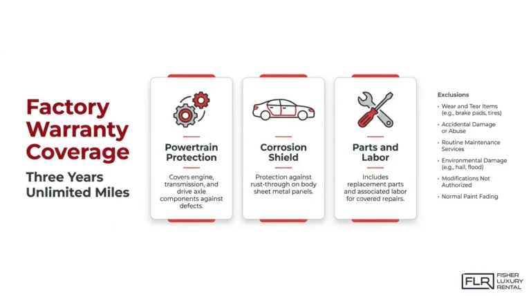 McLaren factory warranty coverage infographic showing three years unlimited miles, powertrain protection, corrosion shield, parts and labor, and key exclusions.