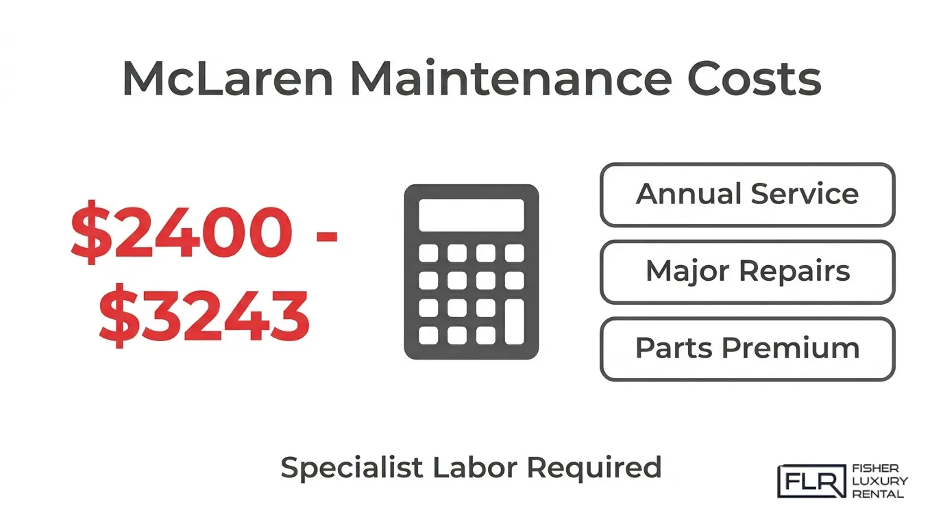 McLaren maintenance costs infographic showing annual service, major repairs, parts premium, and specialist labor requirements.